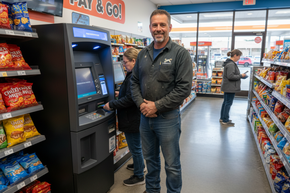 Blue-collar entrepreneur in work clothes standing proudly beside a modern ATM in a busy convenience store, 2026.