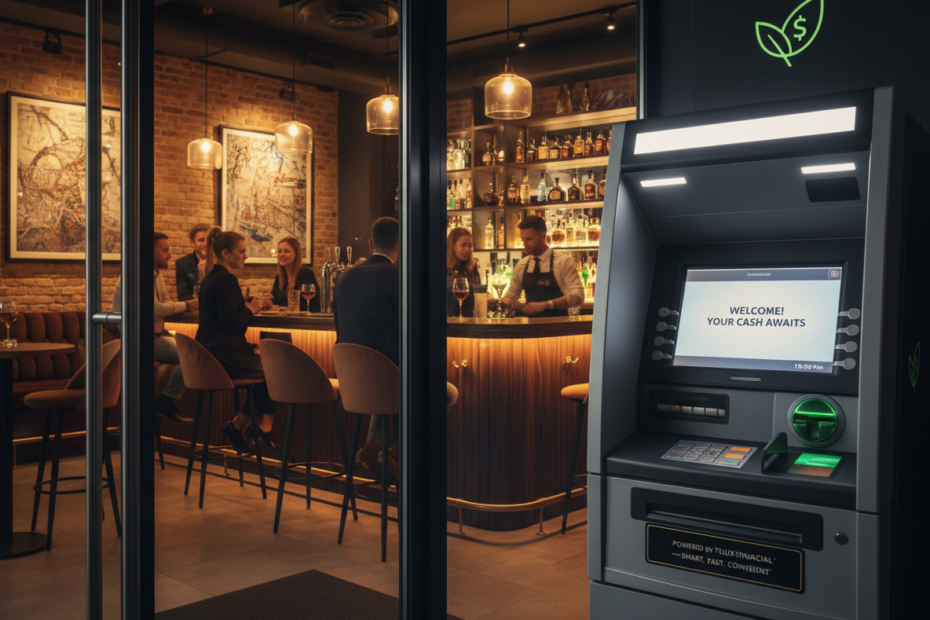 Modern ATM inside a lively bar restaurant with customers enjoying food and drinks in the background, 2026.