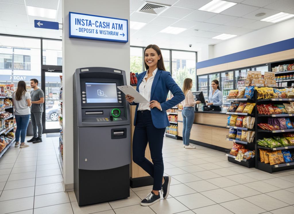 Entrepreneur standing next to a modern ATM in a busy convenience store, representing starting an ATM business.