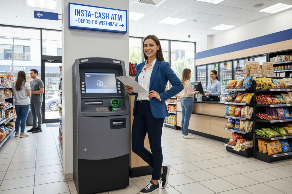 Entrepreneur standing next to a modern ATM in a busy convenience store, representing starting an ATM business.