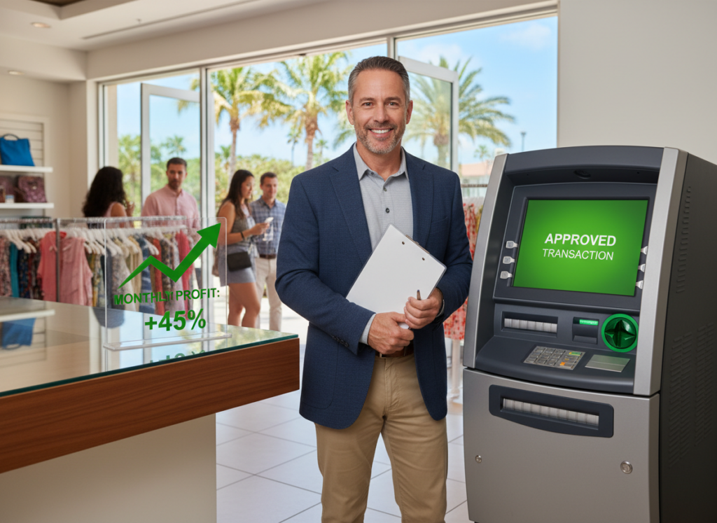 Happy ATM business owner in business casual holding a clipboard, standing next to a modern ATM machine and a profit chart in a busy Southwest or Central Florida retail shop with palm trees outside.