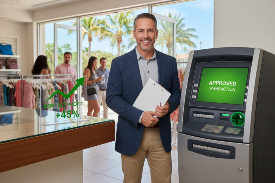 Happy ATM business owner in business casual holding a clipboard, standing next to a modern ATM machine and a profit chart in a busy Southwest or Central Florida retail shop with palm trees outside.