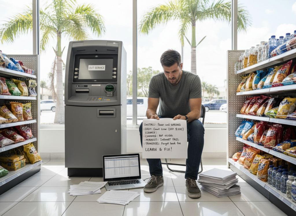 Beginner ATM deployer in a Southwest or Central Florida retail store, reviewing paperwork and learning from common ATM business mistakes.