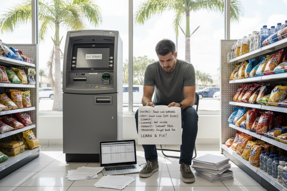 Beginner ATM deployer in a Southwest or Central Florida retail store, reviewing paperwork and learning from common ATM business mistakes.