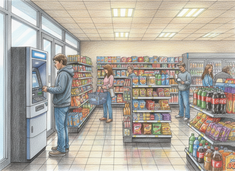 A realistic color pencil drawing of a busy convenience store with a modern ATM near the entrance and people using it, showing the importance of location for ATM business success.