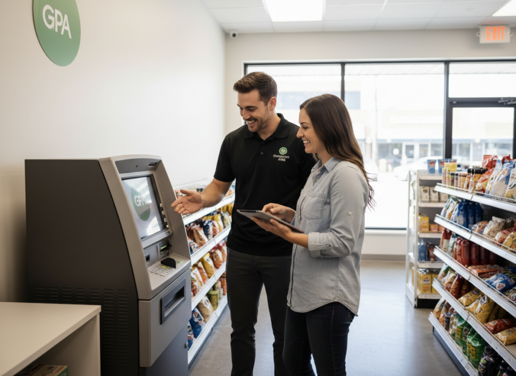 New business owner and professional installer setting up a modern ATM machine in a convenience store, representing the first steps to starting an ATM business with Greenpoint ATMs.