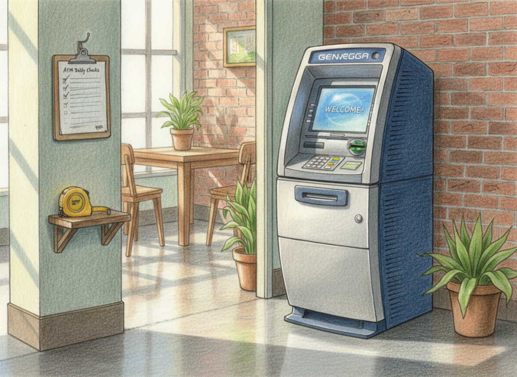 A realistic color pencil drawing of a full standing modern ATM (Genmega or Hyosung) in a small business, with a checklist and tape measure, showing how to choose the right ATM.