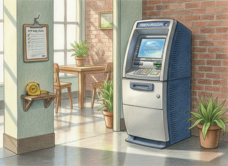 A realistic color pencil drawing of a full standing modern ATM (Genmega or Hyosung) in a small business, with a checklist and tape measure, showing how to choose the right ATM.