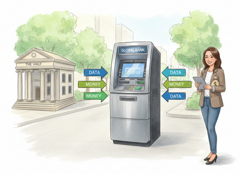 A realistic color pencil drawing of a full standing ATM connected to a network, with arrows showing money and data moving between the ATM, a bank, and a business owner.