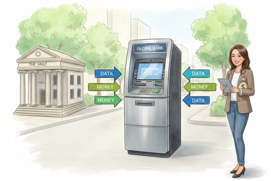 A realistic color pencil drawing of a full standing ATM connected to a network, with arrows showing money and data moving between the ATM, a bank, and a business owner.