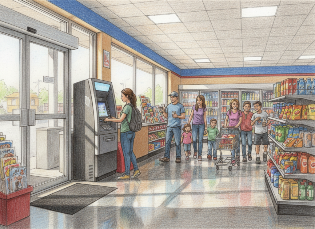 A realistic color pencil drawing of a busy convenience store or gas station with a full standing modern ATM near the entrance, people walking by, and one person using the ATM.