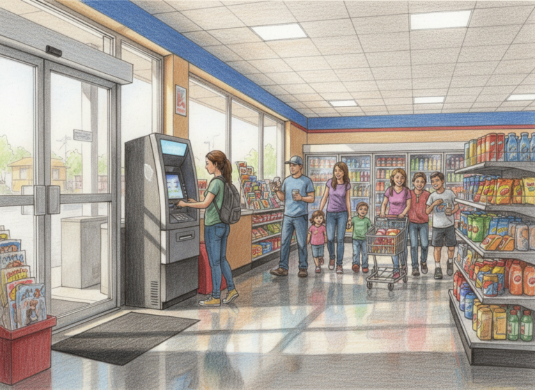 A realistic color pencil drawing of a busy convenience store or gas station with a full standing modern ATM near the entrance, people walking by, and one person using the ATM.