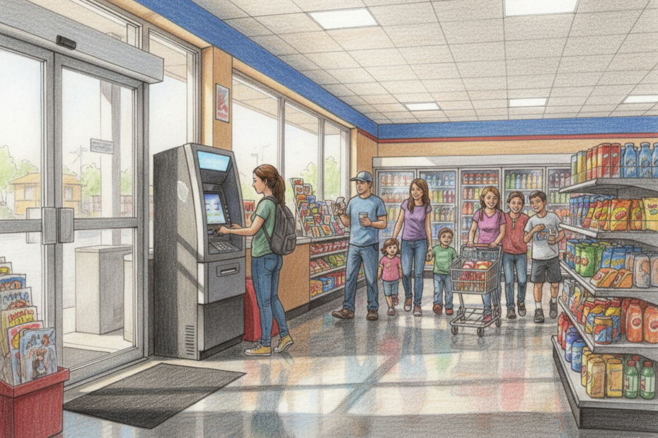 A realistic color pencil drawing of a busy convenience store or gas station with a full standing modern ATM near the entrance, people walking by, and one person using the ATM.