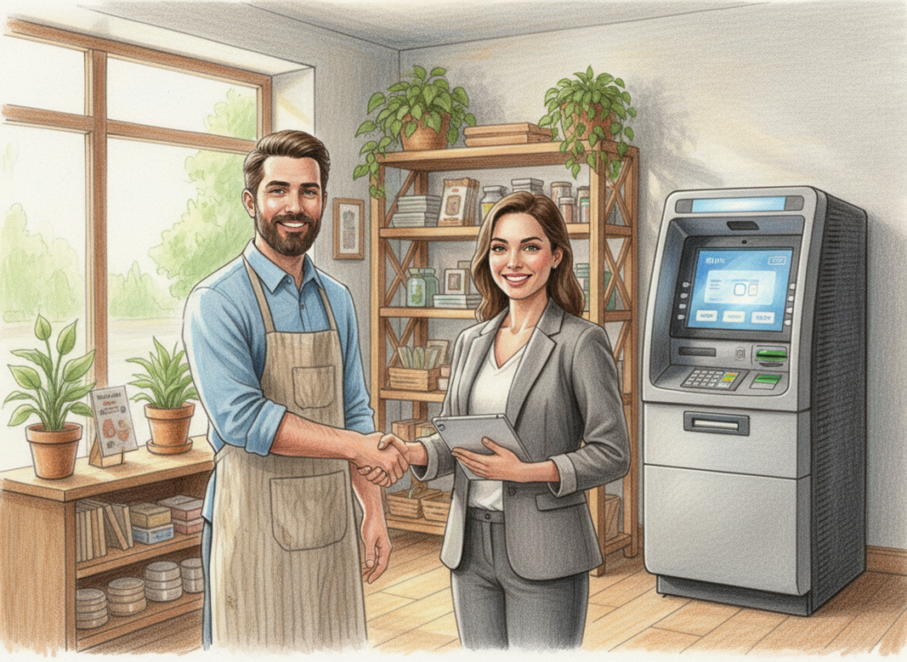 A realistic color pencil drawing of a friendly business owner and an ATM entrepreneur shaking hands inside a small shop, with a modern ATM in the background.