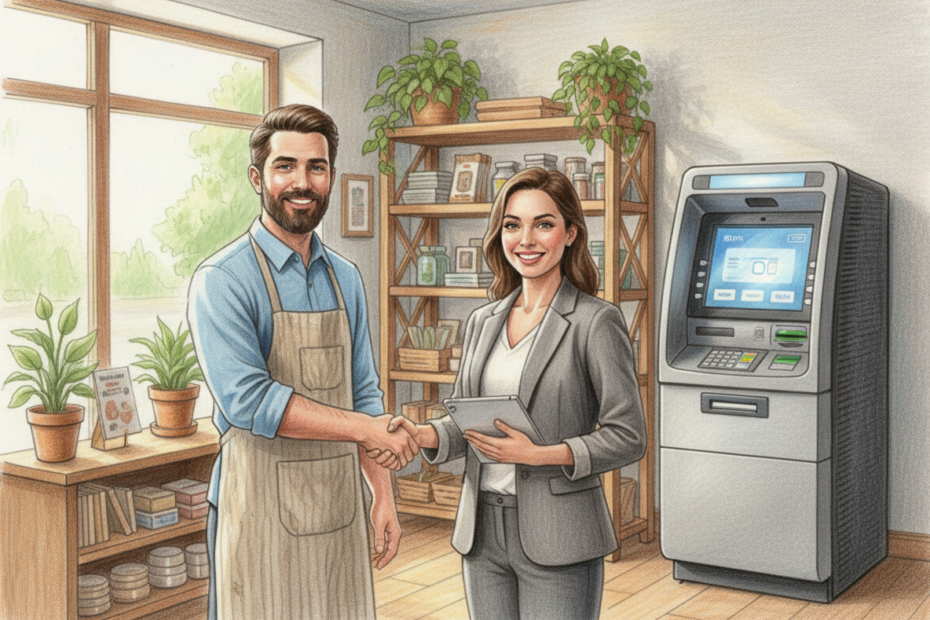 A realistic color pencil drawing of a friendly business owner and an ATM entrepreneur shaking hands inside a small shop, with a modern ATM in the background.
