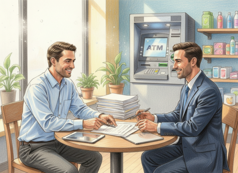 A realistic color pencil drawing of a business owner and ATM entrepreneur sitting at a small table in a shop, discussing paperwork, with a modern full standing ATM in the background.