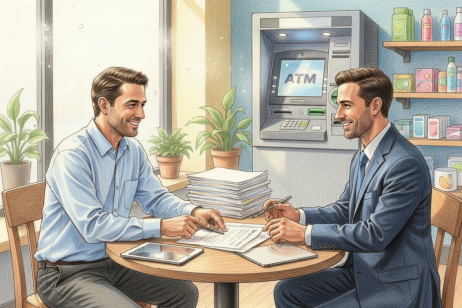 A realistic color pencil drawing of a business owner and ATM entrepreneur sitting at a small table in a shop, discussing paperwork, with a modern full standing ATM in the background.