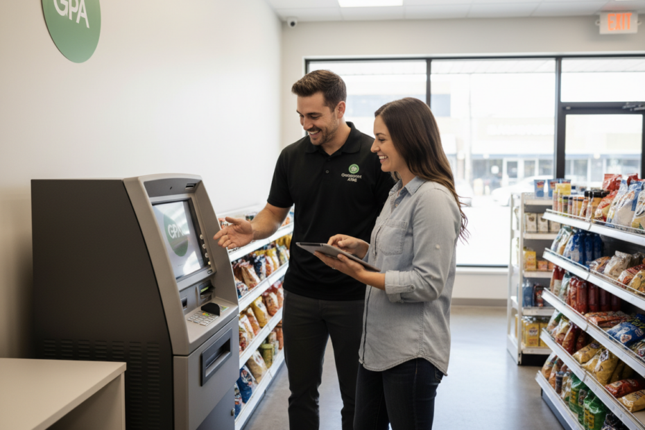 New business owner and professional installer setting up a modern ATM machine in a convenience store, representing the first steps to starting an ATM business with Greenpoint ATMs.