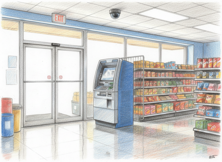 A realistic color pencil drawing of a full standing ATM near a store entrance with good lighting, open space, and a security camera nearby.
