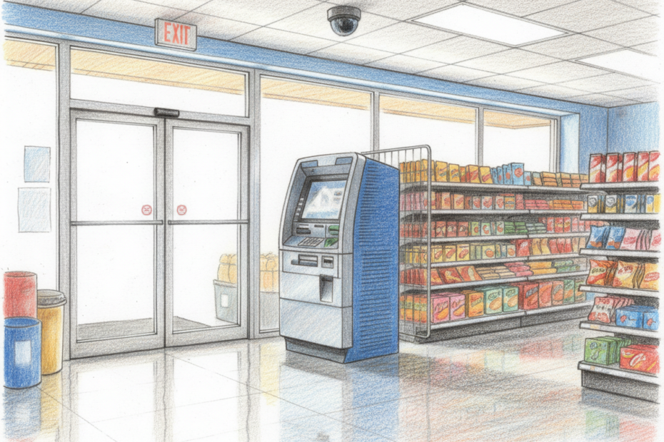 A realistic color pencil drawing of a full standing ATM near a store entrance with good lighting, open space, and a security camera nearby.