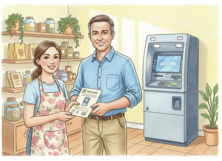 A realistic color pencil drawing of an ATM business owner giving an info sheet to a shop owner, with a full standing ATM in the background.