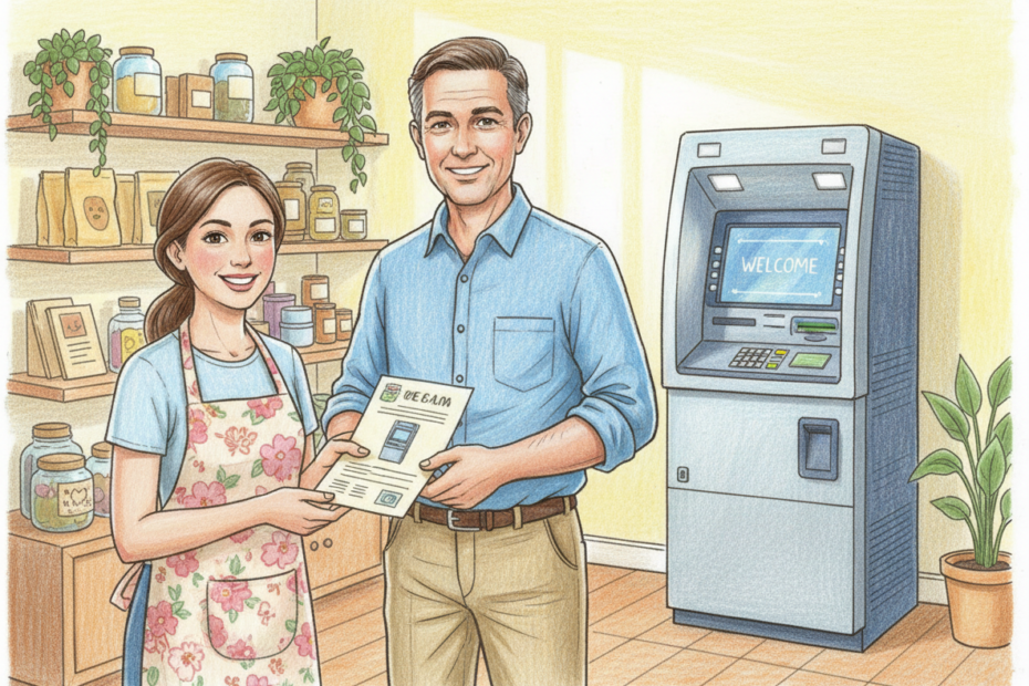 A realistic color pencil drawing of an ATM business owner giving an info sheet to a shop owner, with a full standing ATM in the background.