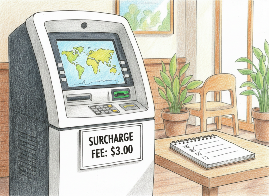 A realistic color pencil drawing of a full standing ATM with a surcharge fee sign and a checklist notepad, showing how to price ATM fees.