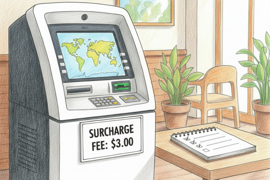 A realistic color pencil drawing of a full standing ATM with a surcharge fee sign and a checklist notepad, showing how to price ATM fees.