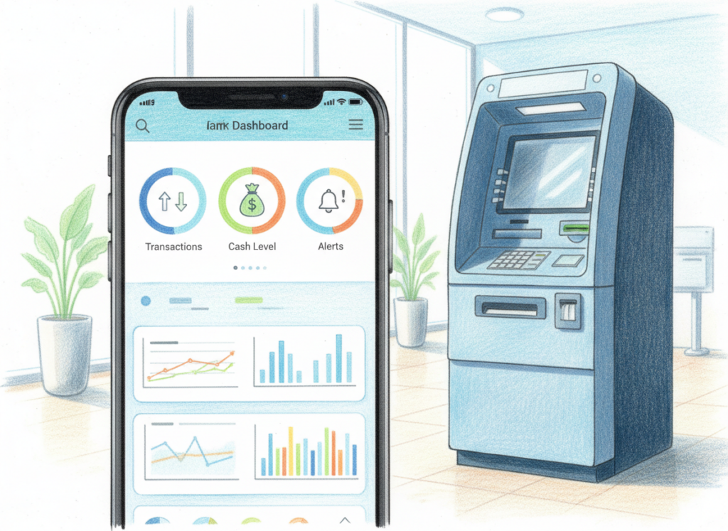 A realistic color pencil drawing of a smartphone showing an ATM dashboard with charts and alerts, with a full standing ATM in the background.