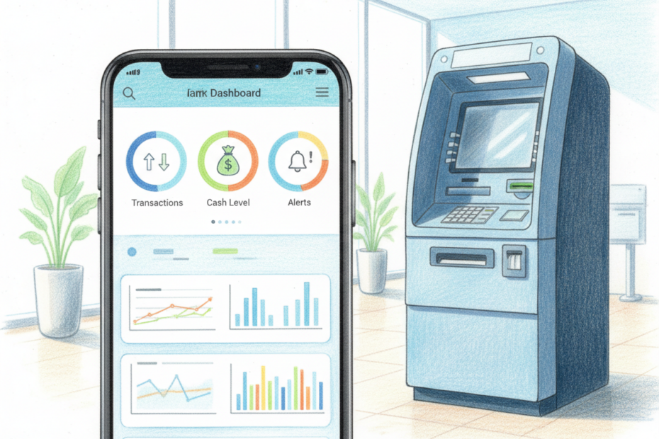 A realistic color pencil drawing of a smartphone showing an ATM dashboard with charts and alerts, with a full standing ATM in the background.