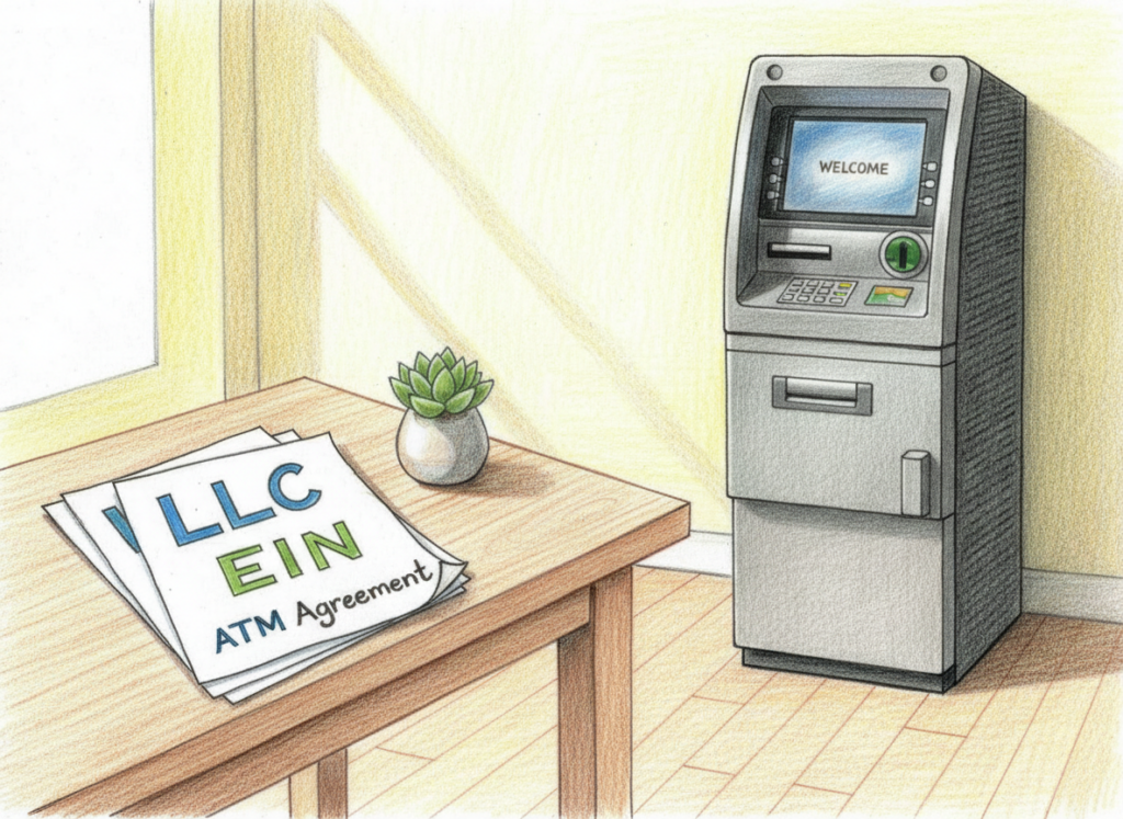 A realistic color pencil drawing of a desk with paperwork labeled “LLC,” “EIN,” and “ATM Agreement,” with a full standing ATM in the background.