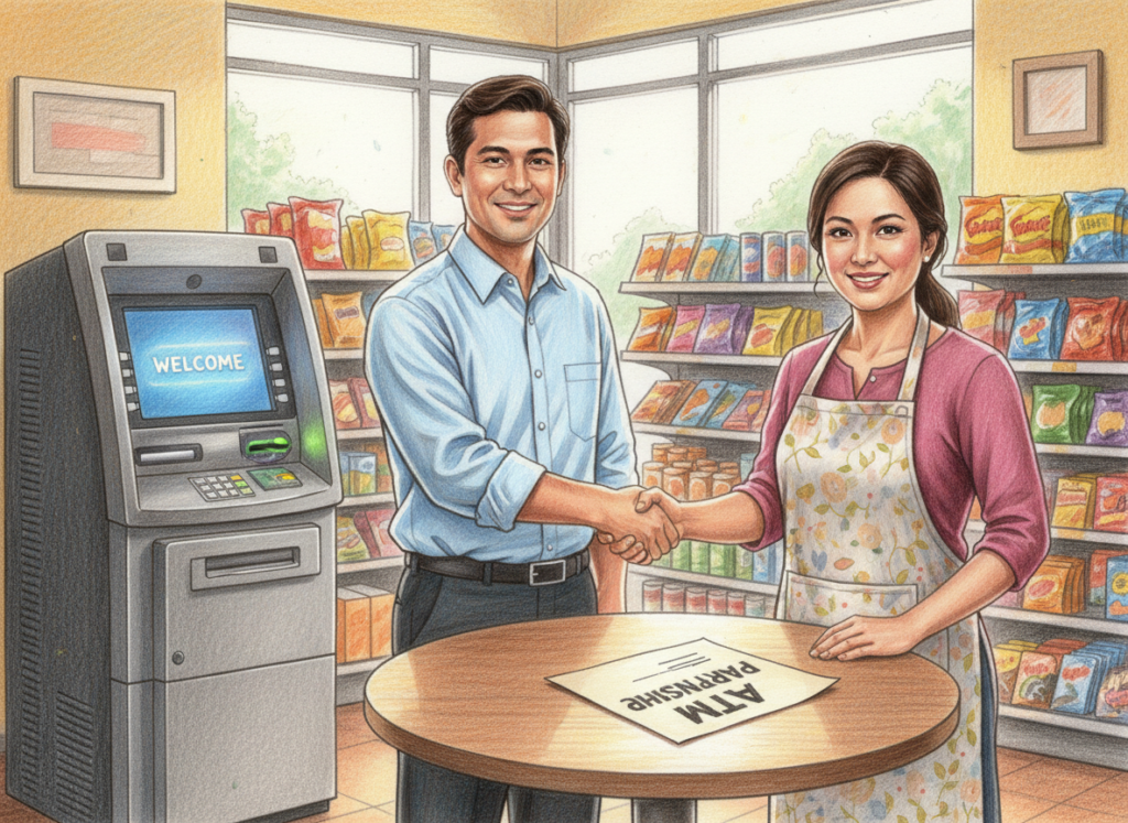 A realistic color pencil drawing of an ATM owner and a shop owner shaking hands over an agreement, with a full standing ATM in the background.