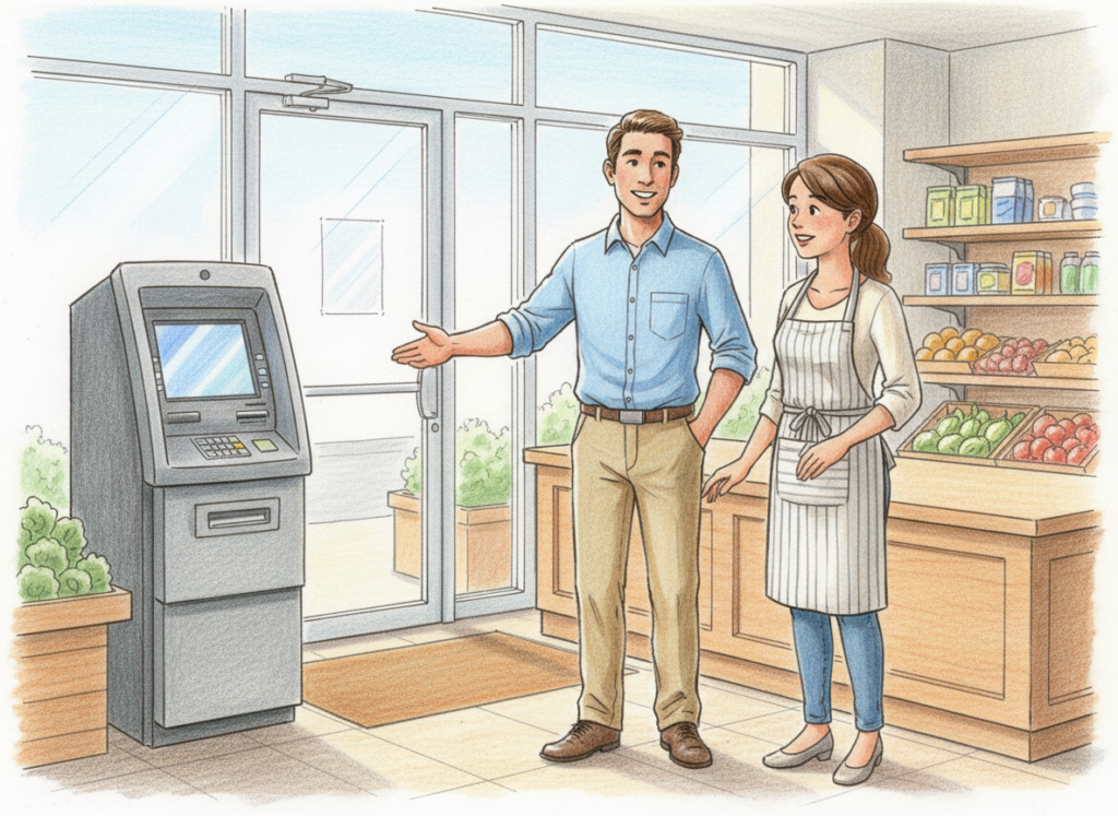 A realistic color pencil drawing of an ATM entrepreneur talking with a shop owner and pointing to a good ATM placement spot near the entrance.