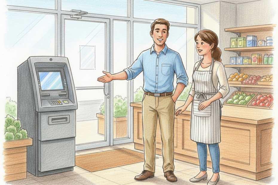 A realistic color pencil drawing of an ATM entrepreneur talking with a shop owner and pointing to a good ATM placement spot near the entrance.