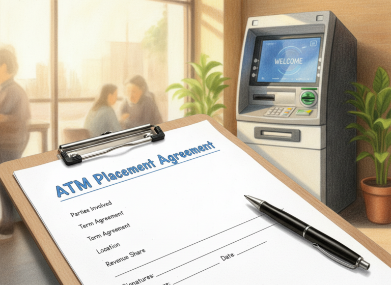 A realistic color pencil drawing of an “ATM Placement Agreement” on a clipboard with a pen, and a full standing ATM in the background.