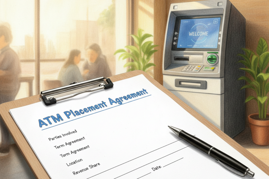 A realistic color pencil drawing of an “ATM Placement Agreement” on a clipboard with a pen, and a full standing ATM in the background.