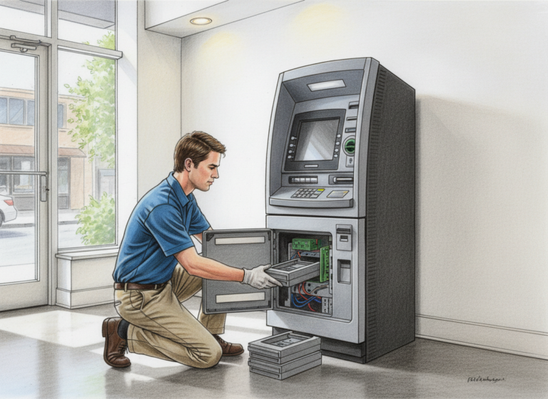 A realistic color pencil drawing of a full standing ATM with the bottom service door open, showing the lower cash cassette area while an owner loads the cassette.