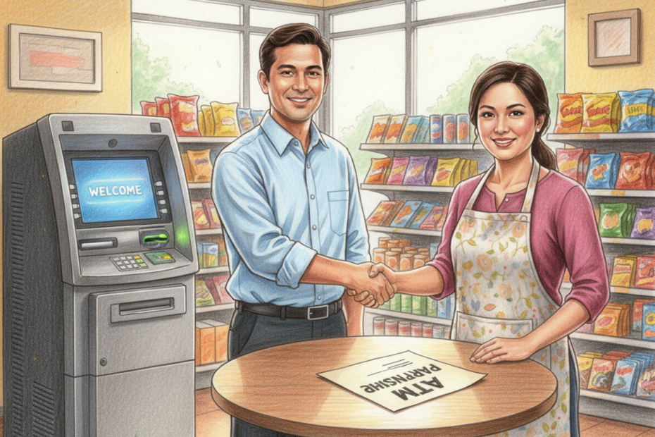 A realistic color pencil drawing of an ATM owner and a shop owner shaking hands over an agreement, with a full standing ATM in the background.