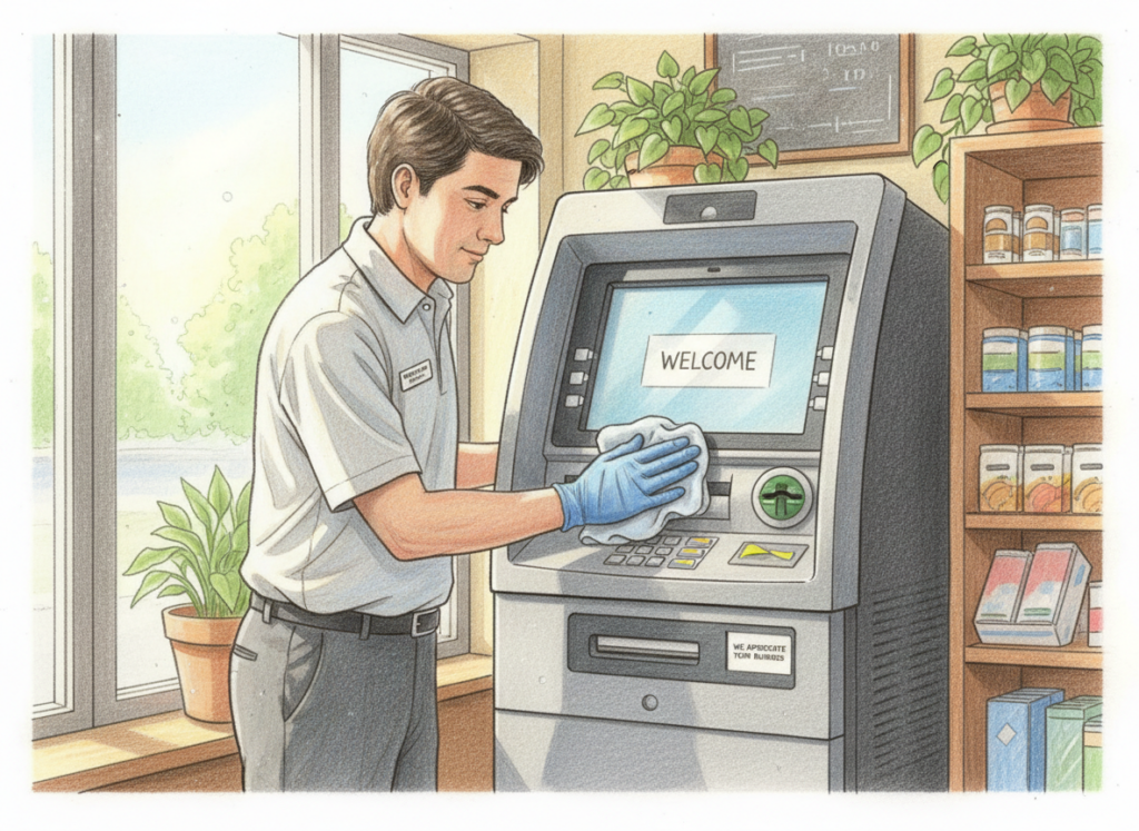 A realistic color pencil drawing of an ATM owner wearing gloves cleaning a full standing ATM with a microfiber cloth in a well-lit small business.
