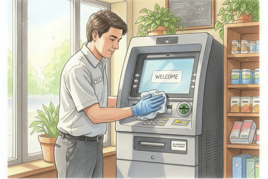A realistic color pencil drawing of an ATM owner wearing gloves cleaning a full standing ATM with a microfiber cloth in a well-lit small business.