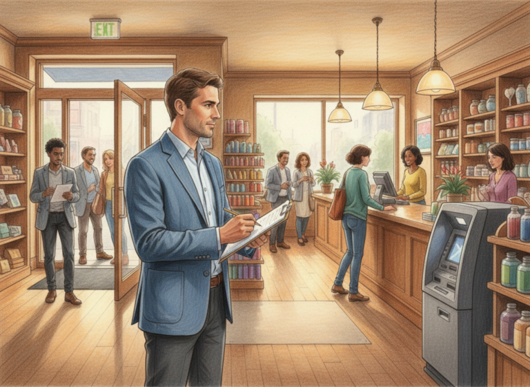 A realistic color pencil drawing of an ATM entrepreneur inside a busy small business using a clipboard checklist to count foot traffic, with open space near the entrance for a full standing ATM.