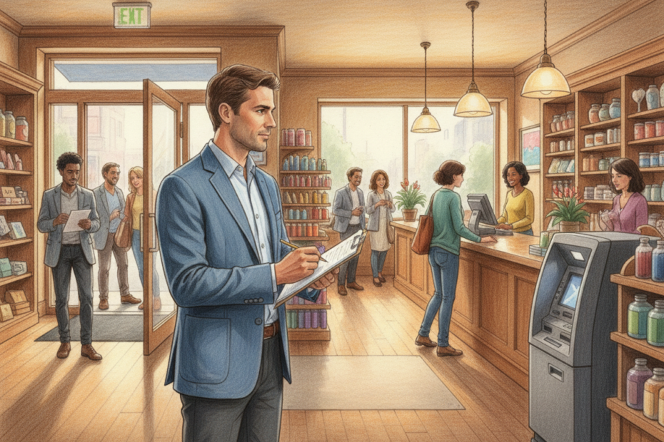 A realistic color pencil drawing of an ATM entrepreneur inside a busy small business using a clipboard checklist to count foot traffic, with open space near the entrance for a full standing ATM.