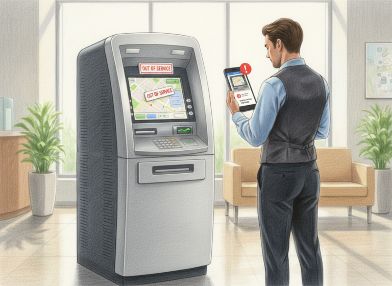 A realistic color pencil drawing of a full standing ATM with an “Out of Service” sign while an owner checks an alert in a smartphone app.