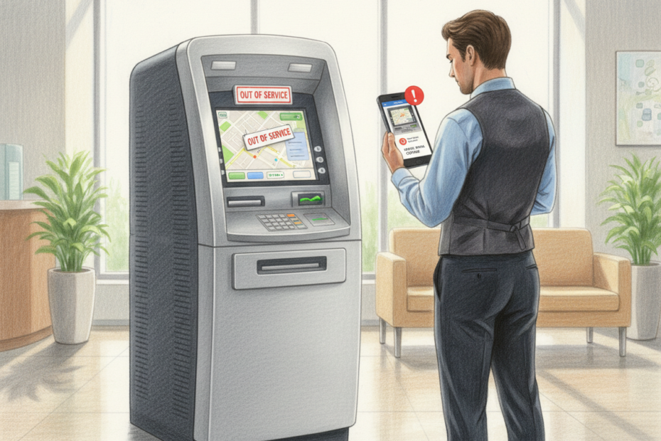 A realistic color pencil drawing of a full standing ATM with an “Out of Service” sign while an owner checks an alert in a smartphone app.